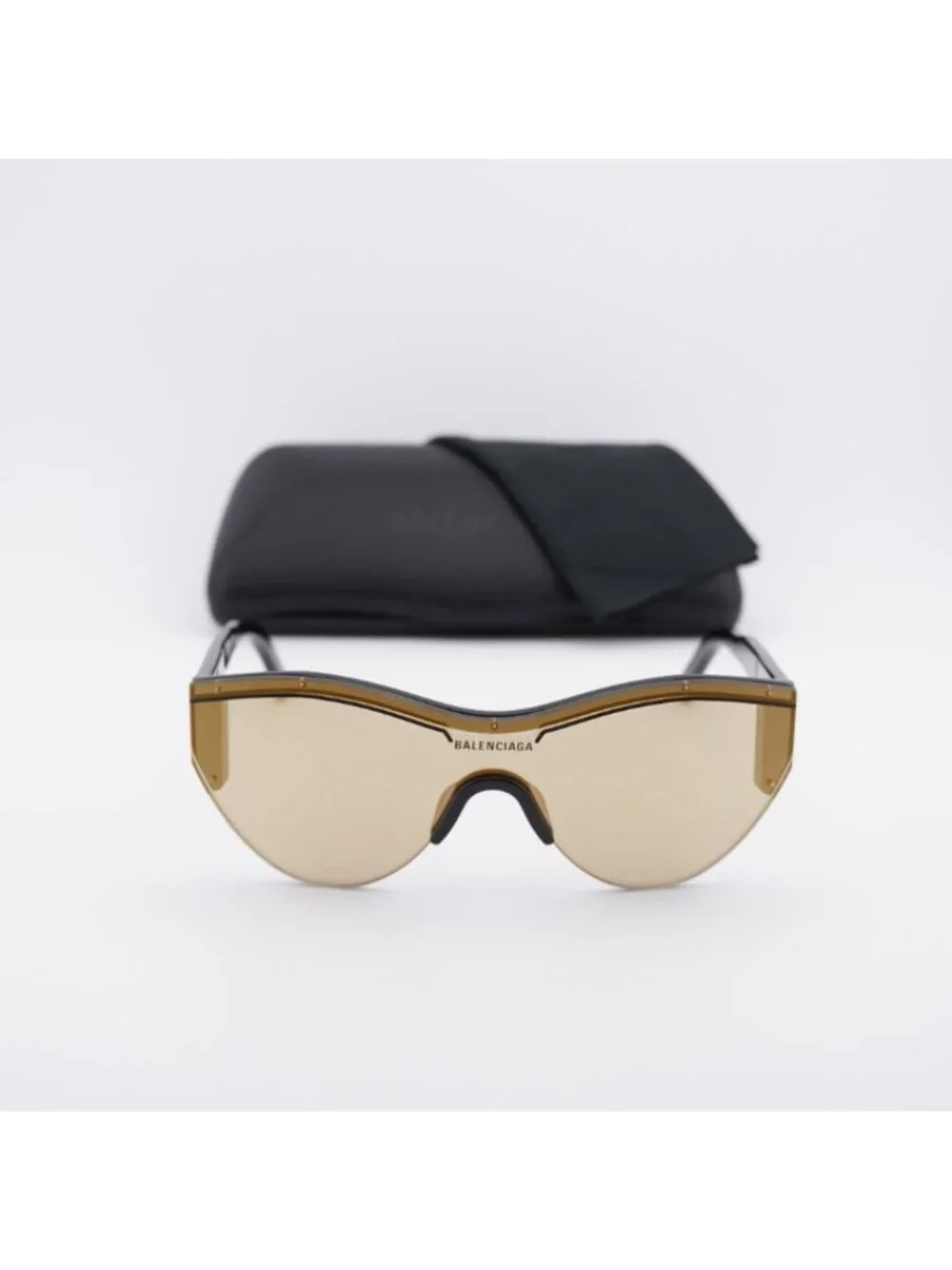Balenciaga BB0004S 006 Sunglasses Black Shield Frame, Gold Mirror Lenses